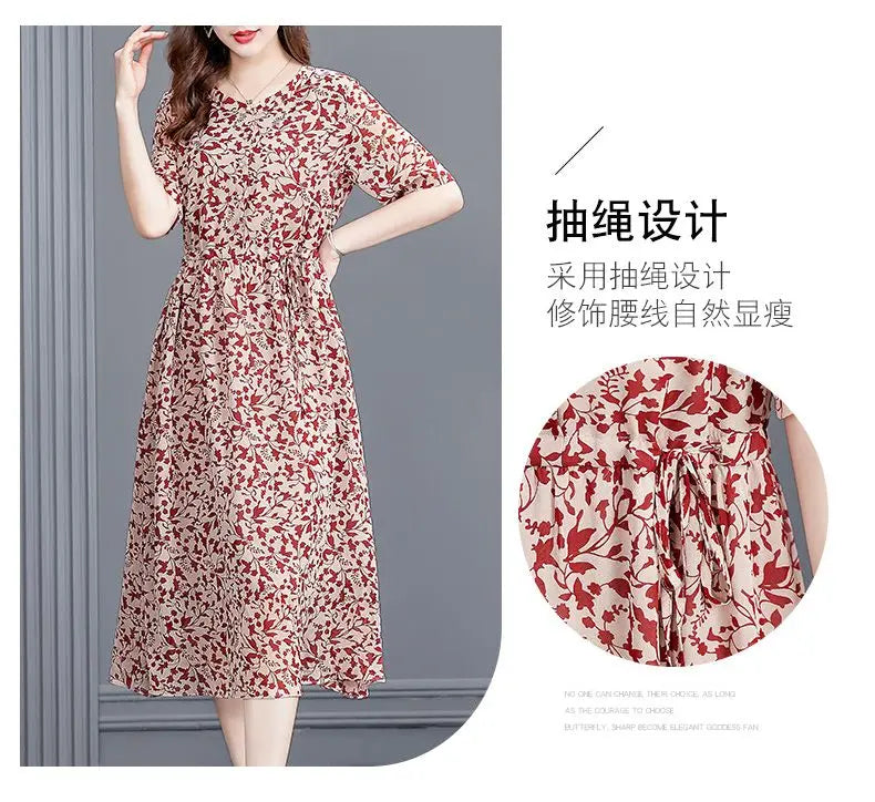 Women's Mulberry Silk Midi Dress V-Neck Three-Quarter Sleeve Red Floral Print Waist Tie Elegant Silk Summer Dress For Mature