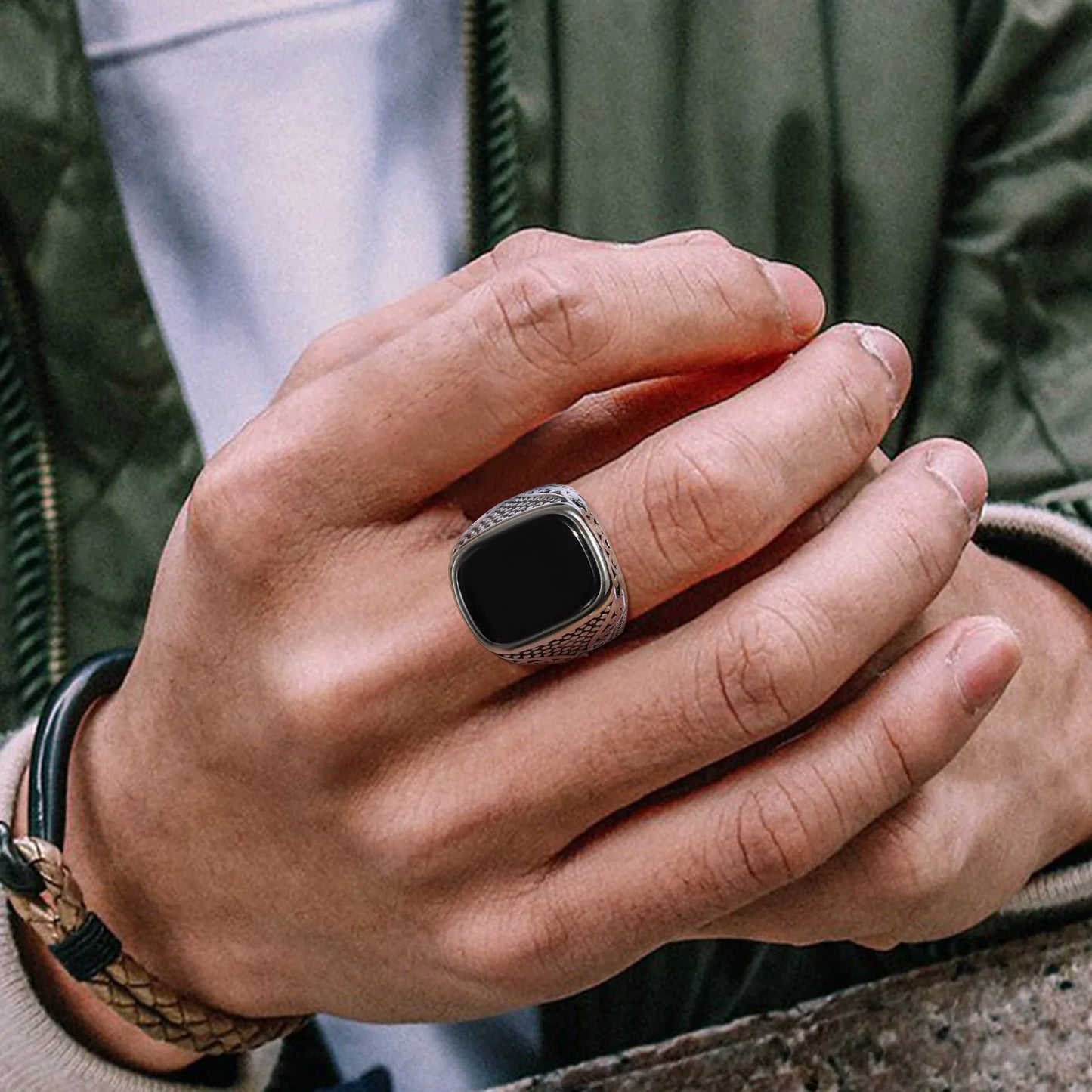Geometric Turquoise Tiger Eyes Natural Stone Ring for Men, Chunky Stainless Steel Signet Rings, Fashion Punk Finger Jewelry Gift