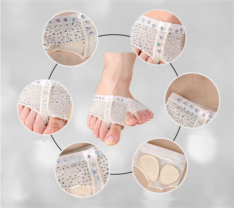 Professional Belly Ballet Dance Foot Thong ToePad Practice Shoes Metatarsal Forefoot Half Lyrical Protection Rhinestone Footwear