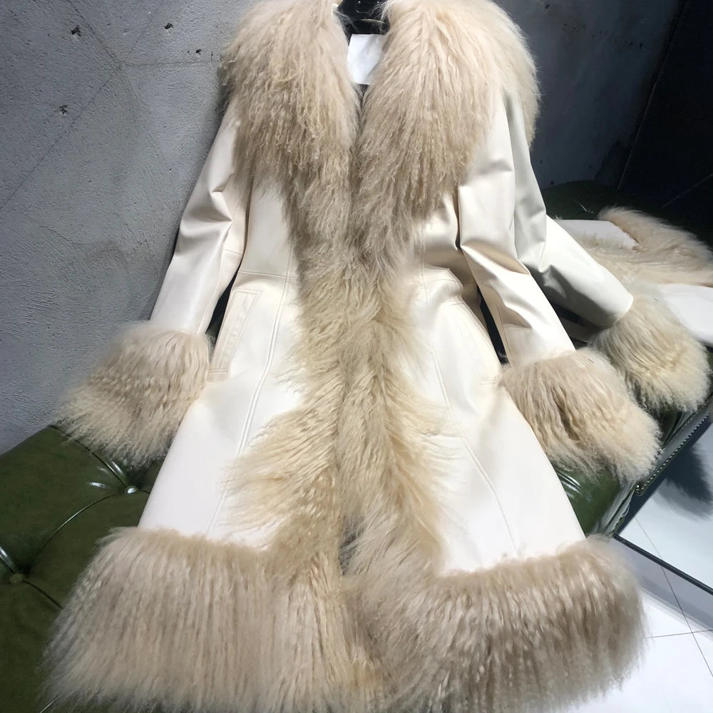 Winter Suede Long Fur Coat Mongolia Long Sheep Fur Collar New Arrival Camel Fur Jacket