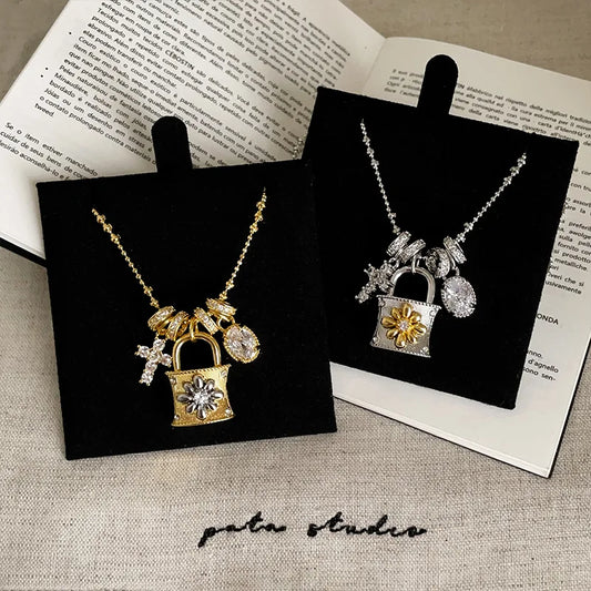 Lace craft running ring cross pendant lock bag necklace luxury premium feel collarbone chain niche new sweater chain