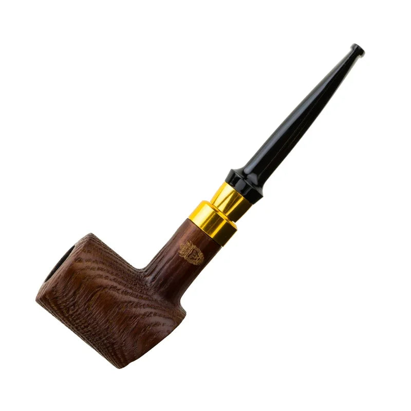 Oak Wood Sandblasted Tobacco Pipe with Gold Silver Band 9mm Filter Straight Bent Smoking Pipe for Men Gift Accessories