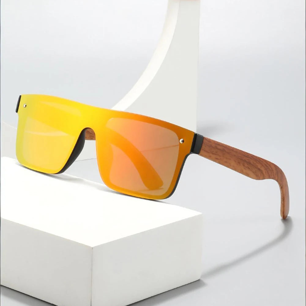 Polarized Sun Glasses Flat Top Square Frame Luxury Wood Grain Temples Women Eyeglasses Retro Square UV400 Outdoor Goggles