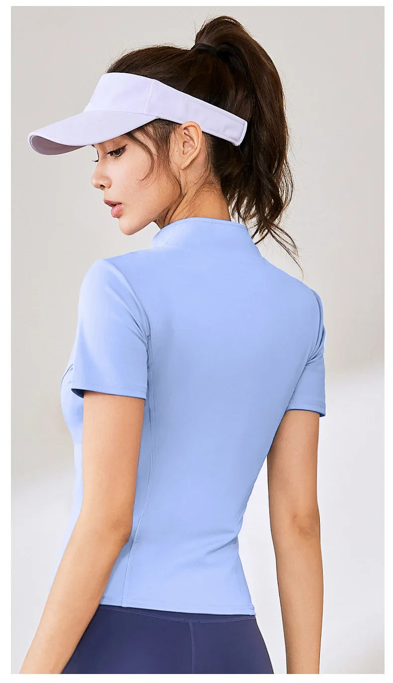 Summer High Quality Waist Slimming Training Tops Women's Quick-drying Tight Stand Collar Full Zipper Short Sleeves Yoga shirts