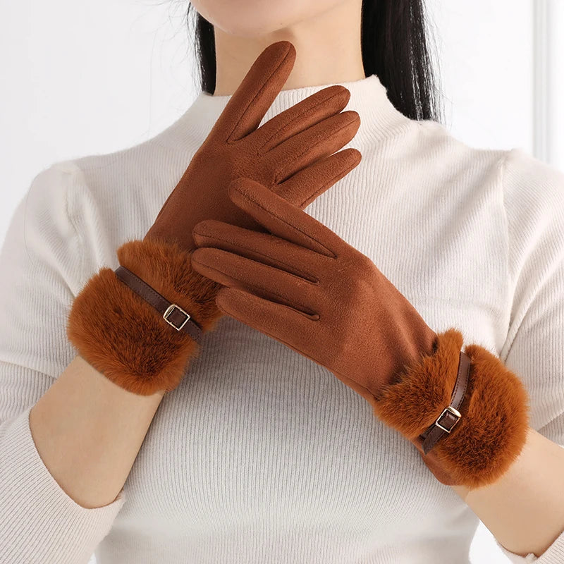 Women's Winter Gloves with Fleece Lining, Warm, Windproof, Cold-Resistant, Plush Decoration, Touchscreen Compatible, Suitable for Driving and Cycling, 1 Pair