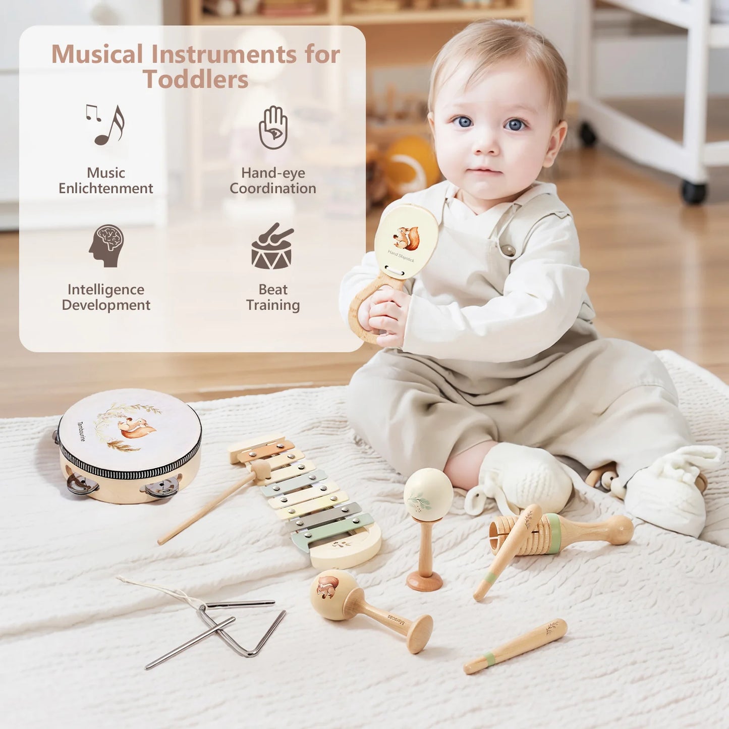 Montessori Musical Instruments for Children Wooden Baby Toys Child Musical Instrument Toddler Toys Squirrel Instrument Sets Gift