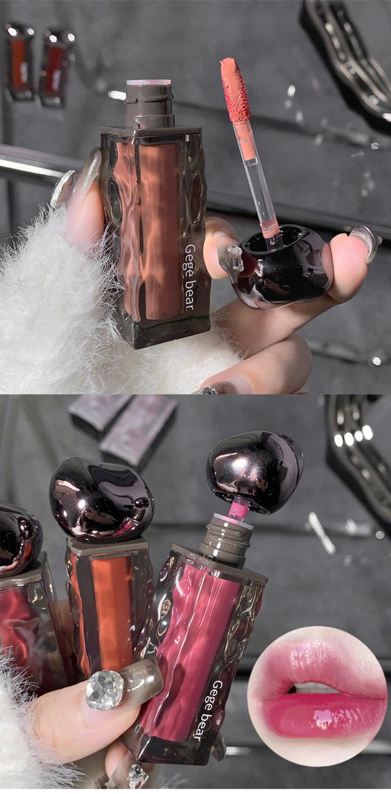 Dark Purple Lip Gloss Water Light Long Lasting Clear Moisturize Mirror Pink Peach Lip Tint Non Stick Cup Liquid Lipstick Makeup