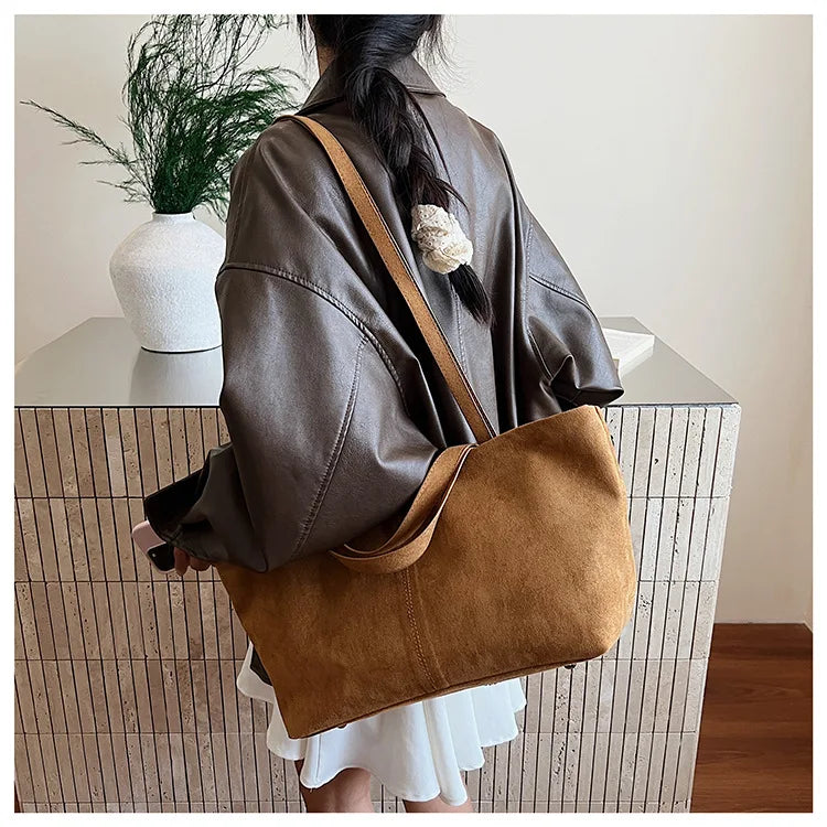 Large Capacity Tote Women Bag Retro Faux Suede Shoulder Bag Quitting Designer Bags for Women Handbag Commuting Shopper Purses
