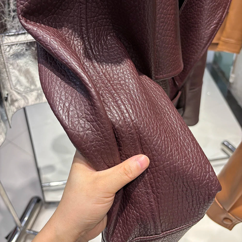 YOLOAgain Real Leather Jacket Women Burgundy Grain Leather Jacket With Belt