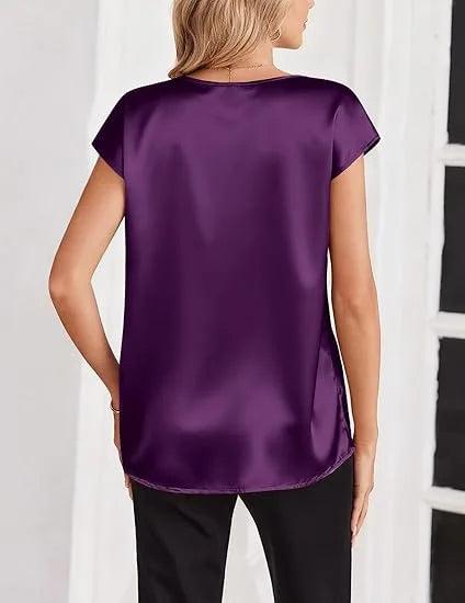 Women's Summer New T-shirt Casual V-Neck Short Sleeve Blouse Business Casual Tops Satins Silk Summer Shirt Work Solid Color Tops