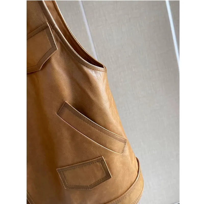 Women's Genuine Leather Vest Sheepskin Short Design Suit Collar Spring Autumn Fashion Outerwear