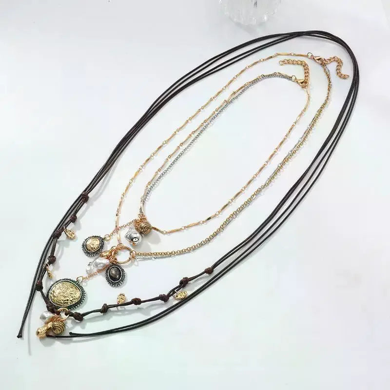 Stylish Women's Bohemian Necklace with Round Coin Badge Pendant; Multi-layer Rope Chain Party Accessory.