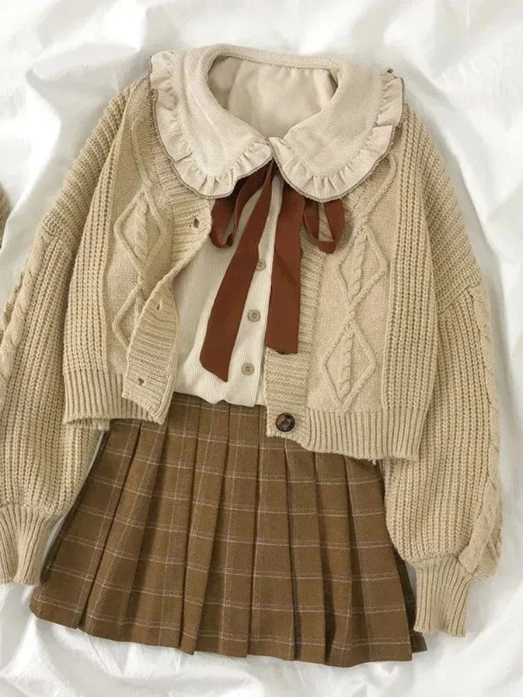Vintage Preppy Suit Girl Knitted Vest Cardigan Doll Collar Long-sleeved Shirt Pleated Plaid Skirt single piece Spring Autumn