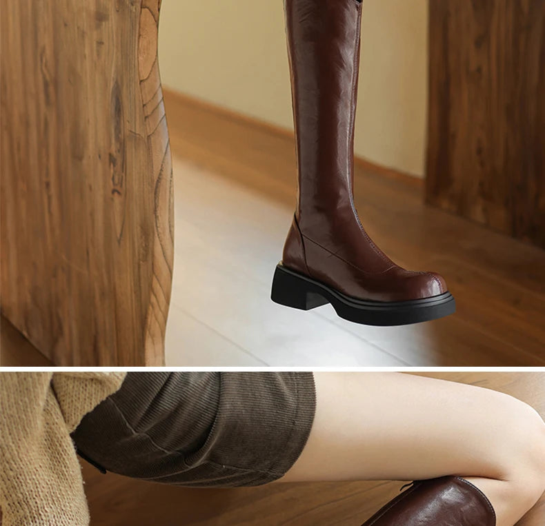 Ods  Footwear Elegant Heeled Shoes for Women Brown Ladies Boots Platform Winter Knee High Shaft Heels Long Boot Lady 40 41 42 43