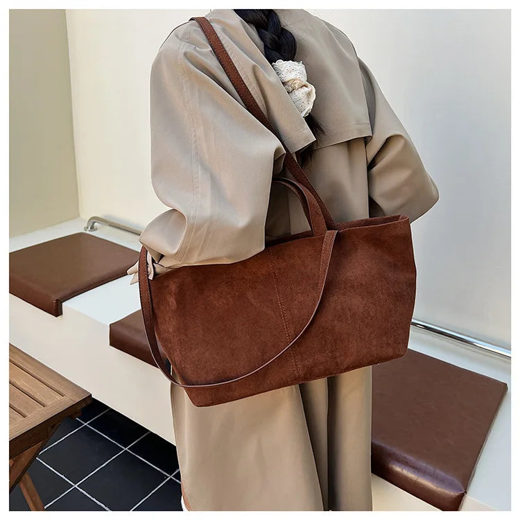 Large Capacity Tote Women Bag Retro Faux Suede Shoulder Bag Quitting Designer Bags for Women Handbag Commuting Shopper Purses
