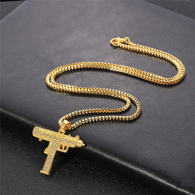 Gold Plated Uzi Gun Pendant Necklace for Men Full Crystal Bling Submachine Chain Hip Hop Accessory Male Jewelry