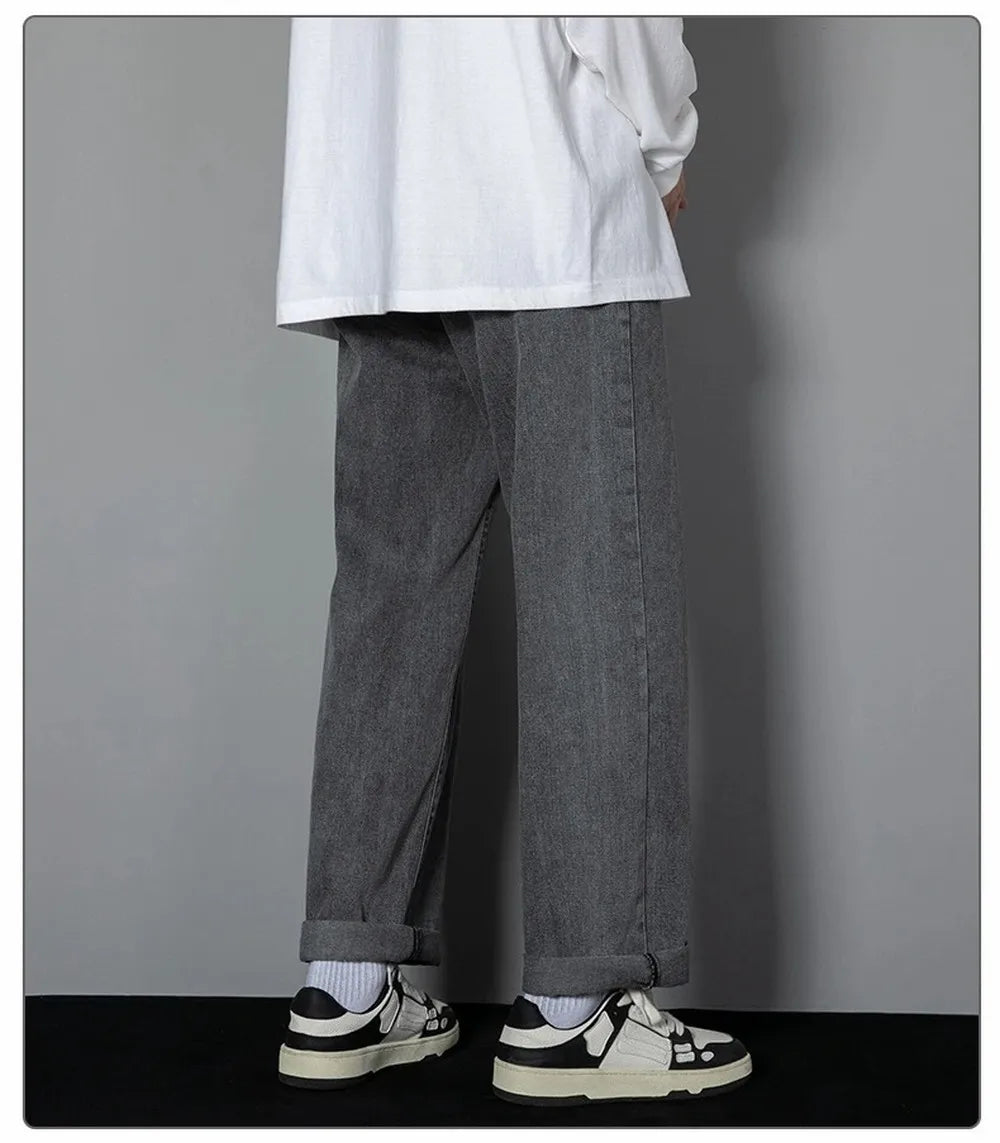 Korean Solid Colors Men's Casual Long Jeans Classic Man Four Seasons Straight Denim Wide-leg Pants Light Blue Grey Black 3XL