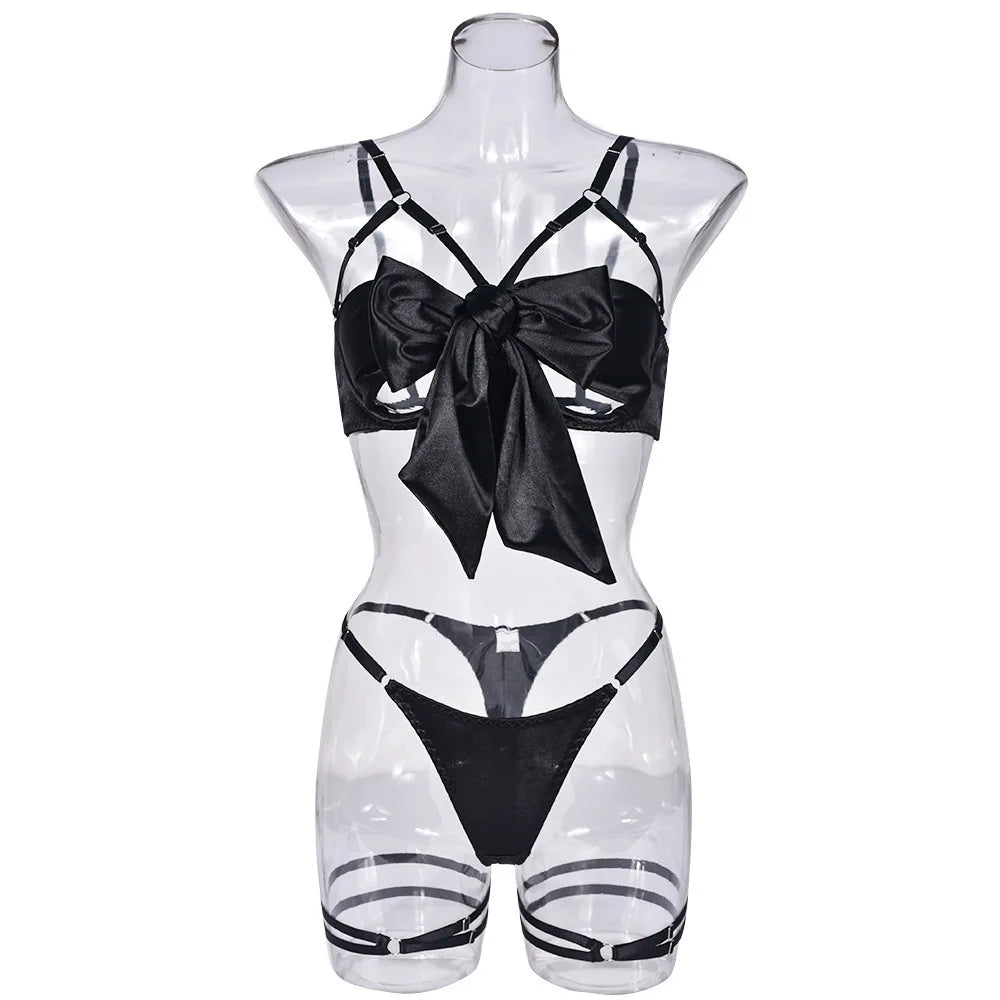 Lingerie's new hot selling European and American lingerie with exquisite bow and hollow out sexy three piece set with steel ring