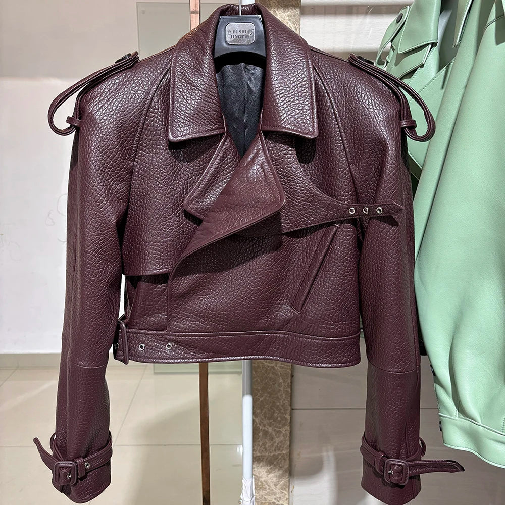 YOLOAgain Burgundy Suede Jacket Women Genuine Sheepskin Leather Jacket Coat