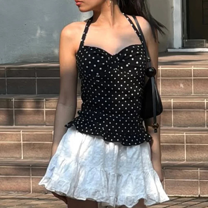 Women Halter Tank Tops Ruffles Hem Lady Sexy Backless Sleeveless Crop Top Summer Fashion Streetwear Female Dot Print Vests