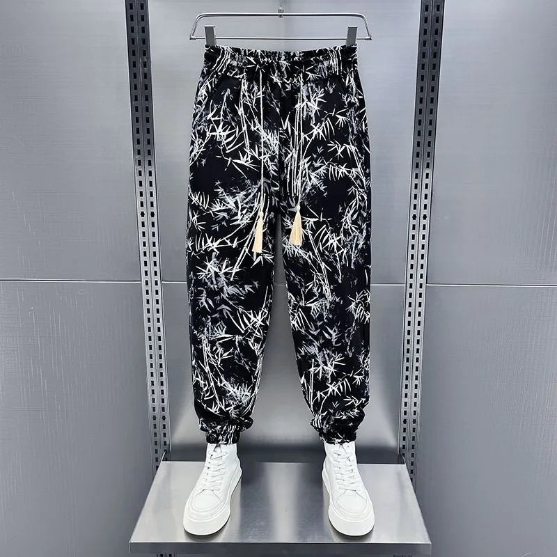 Ice Silk Men's Casual Fashionable Bamboo Leaf Print Sports Pants Loose Fit Long Trousers Youth Summer Active Wear