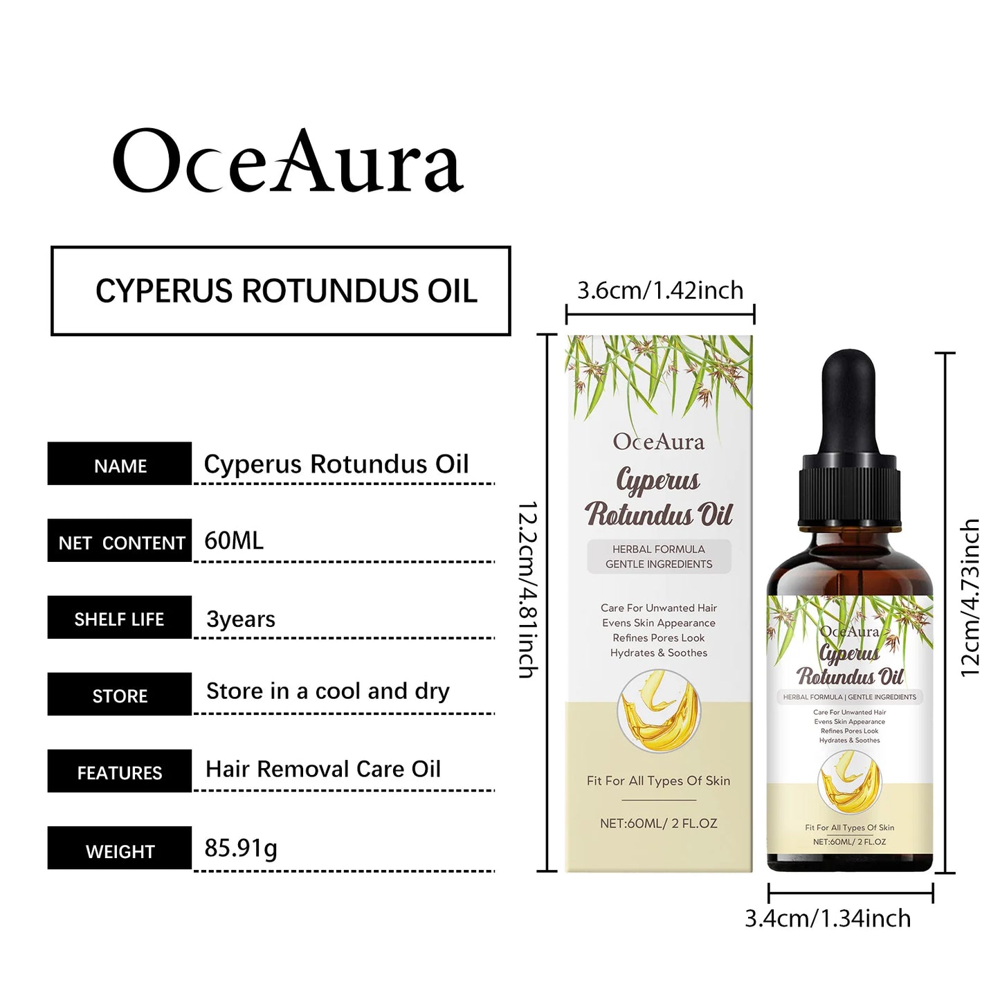 Natural Cyperus Rotundus Oil 60ml for Hair Removal Moisturizing Soothing Skin Reducing Body Hair Growth Painless After Shave Oil