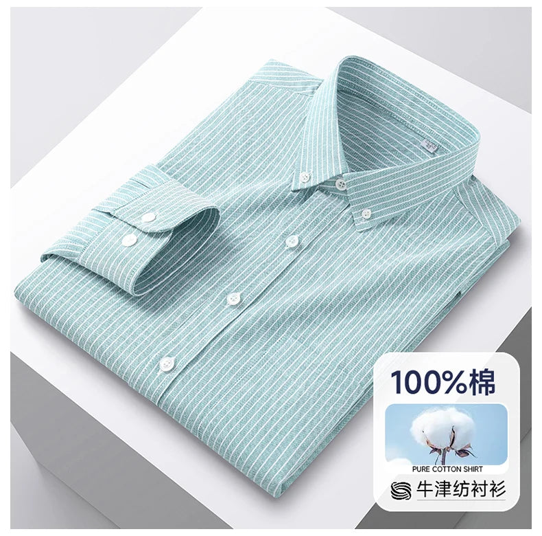 100% Cotton Men's Oxford Shirts Spring Autumn Long Sleeve Basic Casual Solid Striped Button Down Social Business Formal Plus 5XL