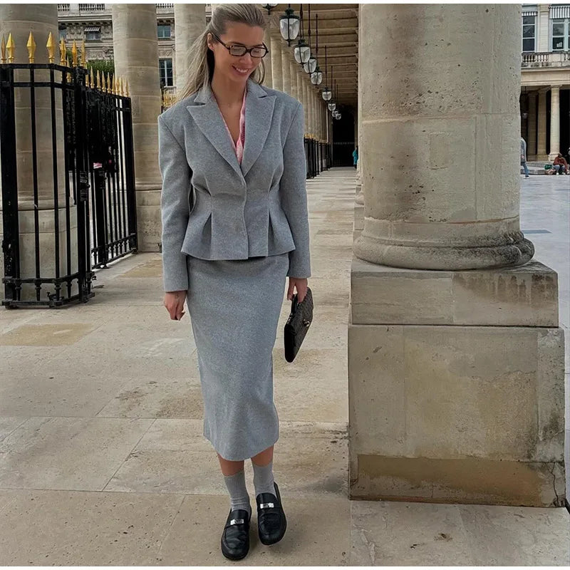 Elegant Women Solid Woolen Blazer Coat Skirt Suits Fashion Lapel Long Sleeves Overcoat Slim Hip Package Long Skirts Lady Outfits
