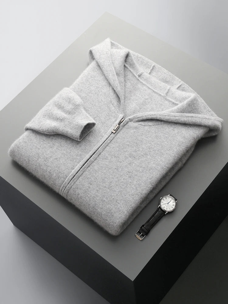 100% Pure Wool Sweater Suit Men's  Hooded Cardigan Wool Pants Thick Warm Knitwear Autumn Winter Smart Casual Trousers Hoodie
