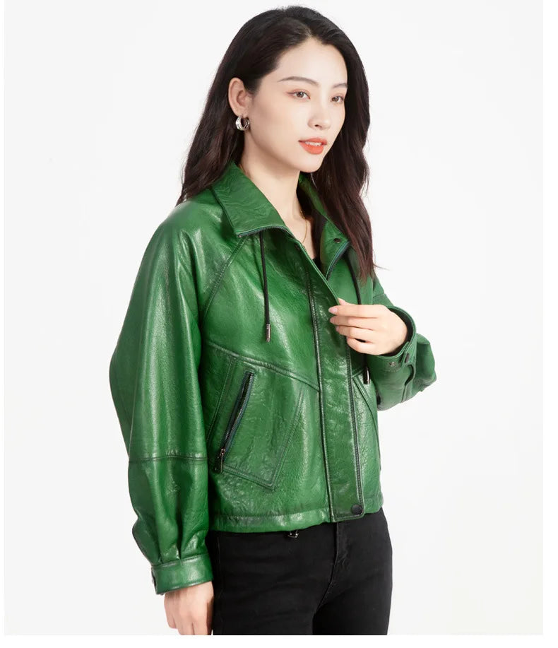 Oil Wax Sheepskin Coats for Women Winter 2024 Green/Blue/Red/Black Fahion Loose Slim Motorcycle Zipper Short Leather Jacket