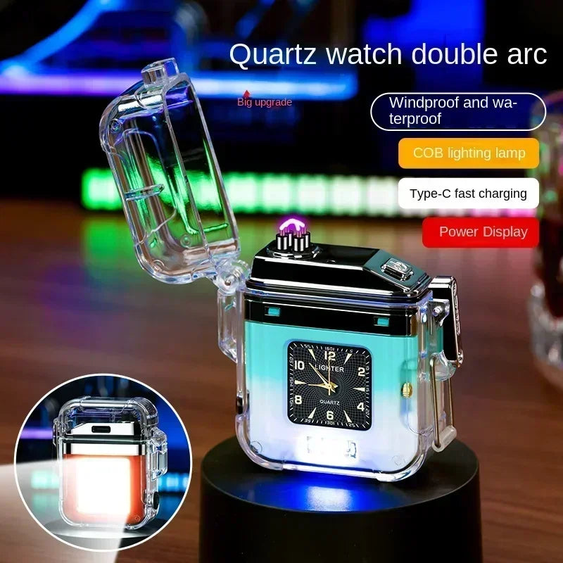 Waterproof Watch Lighter Windproof USB Plasma Rechargeable Lighter Outdoor Portable Smoking Cigarette Lighter Men's Watch Gift