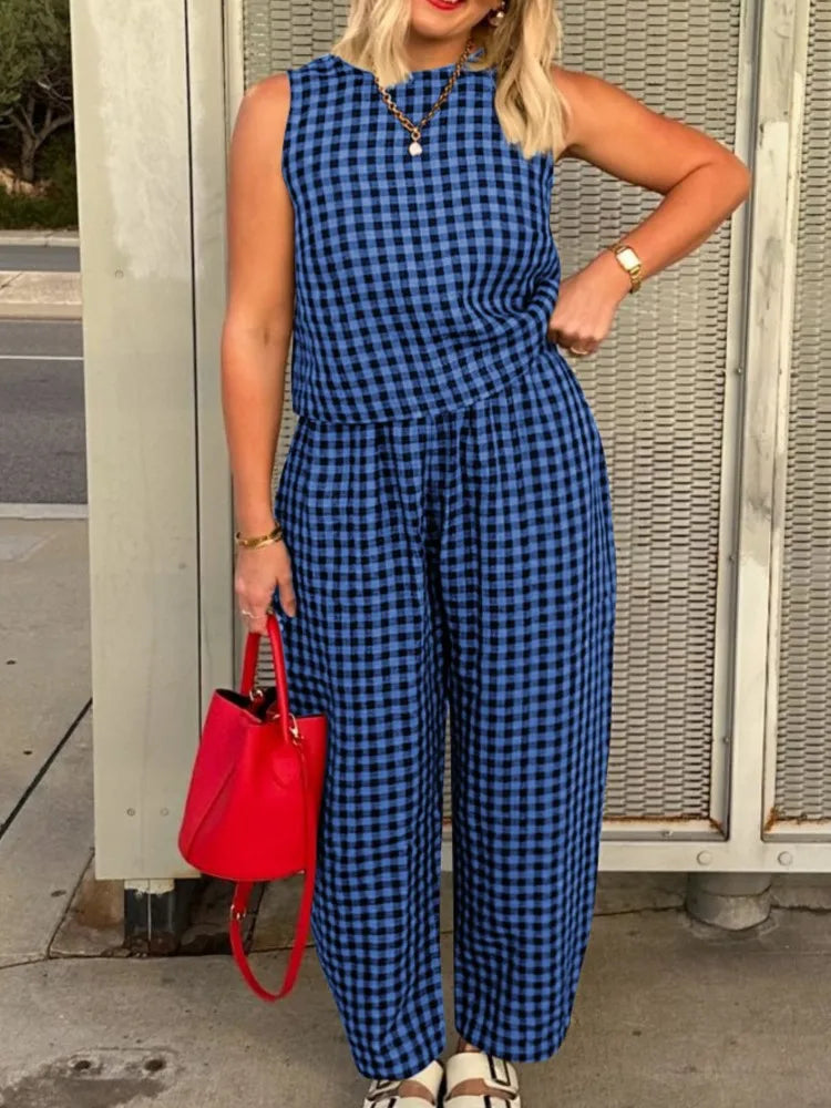 Fashion Women's Pants Set Printed Plaid Sleeveless 2025 Spring Summer Relaxed Vest Nine Point Pants Home Wear Female 2 Piece Set