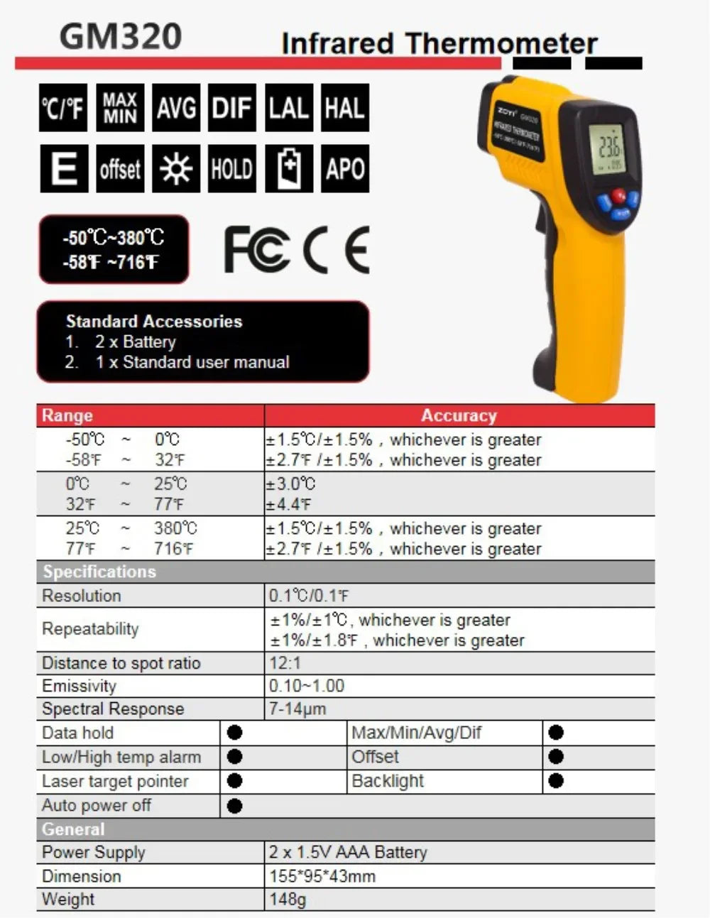 Infrared Thermometer, Portable Temperature Gun for Cooking, Pizza Oven, Grill & Engine - Laser Surface Temperature Reader