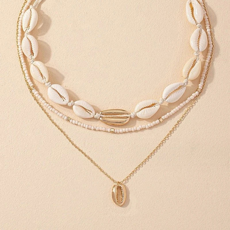 Necklace Three Layer Beach Seashell Choker Necklaces Bohemian Natural Shell Short Collar for Women Rope Chain Choker