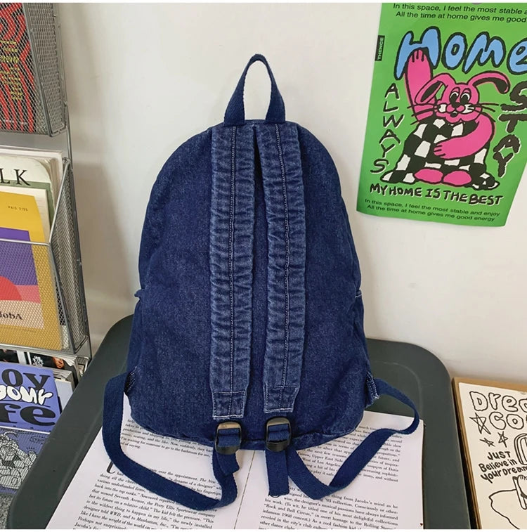 100% Cotton School Bags Solid Black Canvas Casual Backpacks Unisex Large Capacity Denim Satchels Soft Cloth Travel Packages