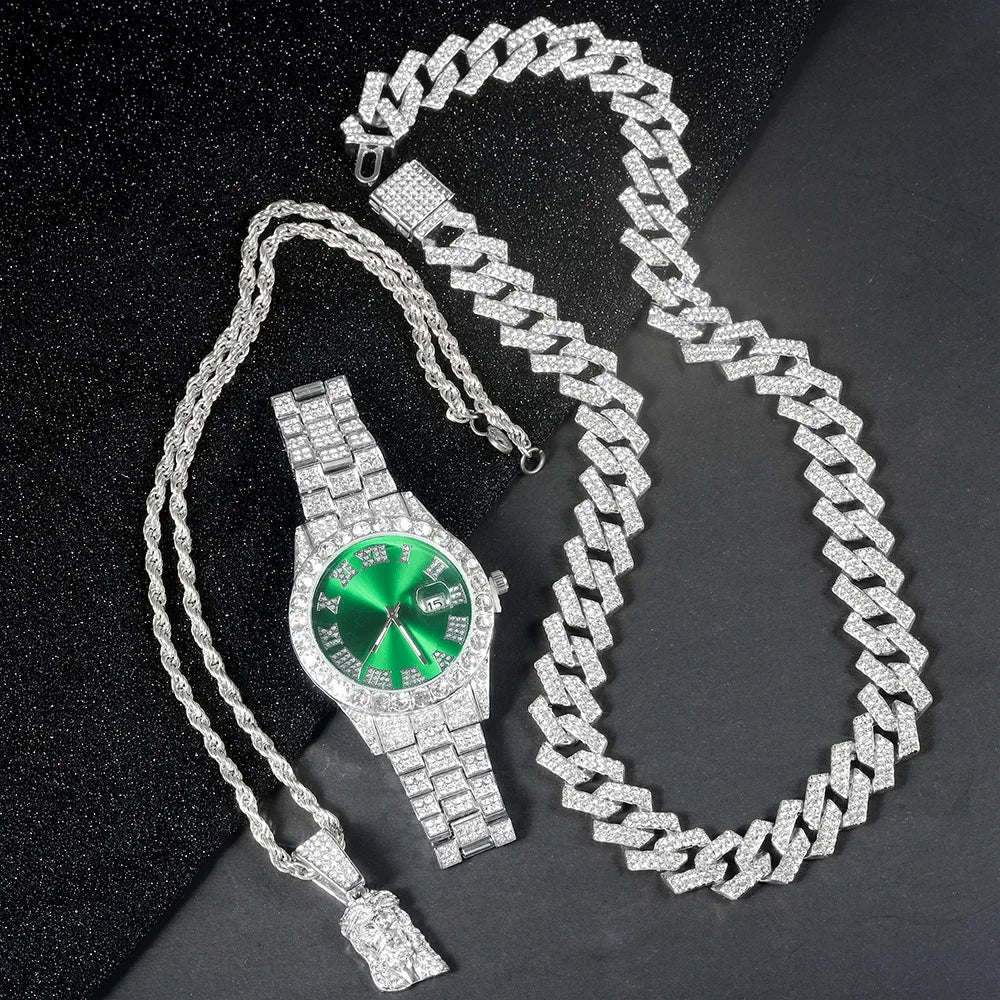 Men's Hip-hop Watch Jewelry Set Iced Out Punk Diamond Watch+Cuban Chain+Jesus Pendant Necklace Stylish Trend Men Women Gift Set