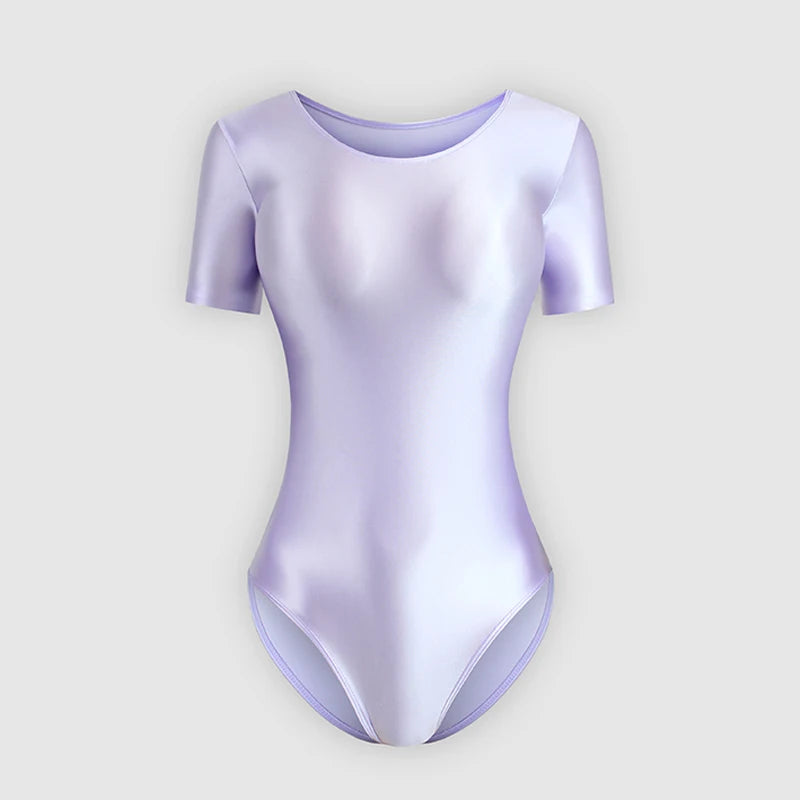 Japanese Men's Bathing Suits Women's Sexy Silky Glossy One-piece Swimsuit Shiny Short Sleeve Bodysuit, Oily Tights Shapewear