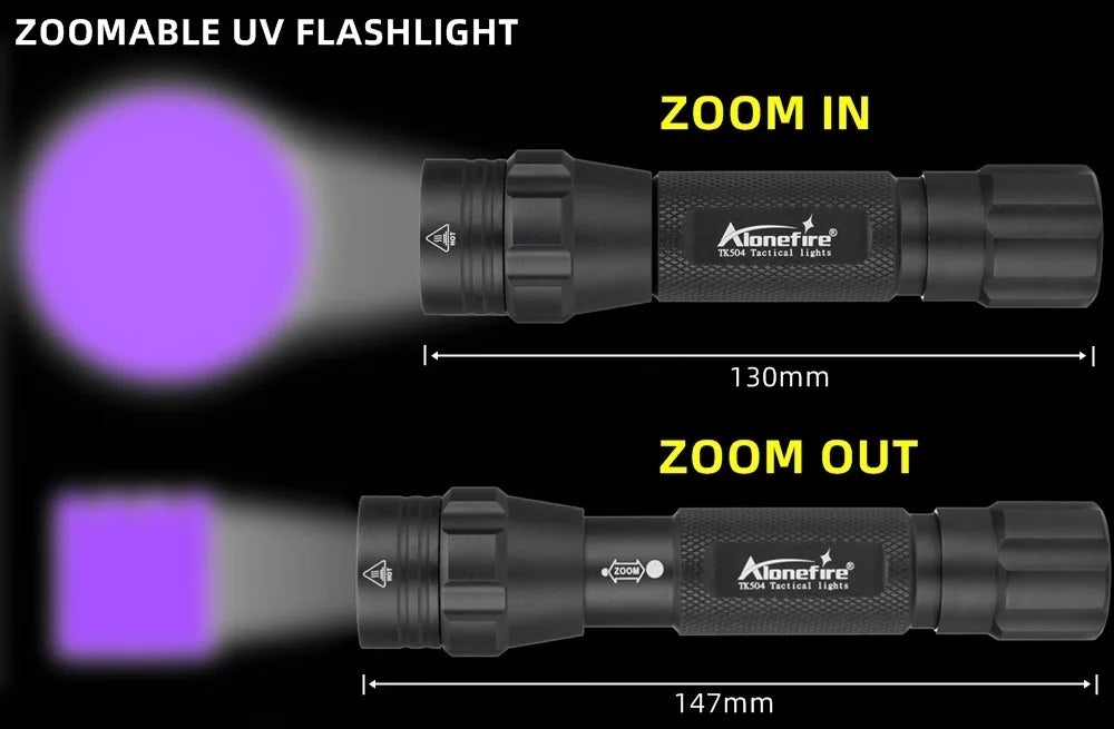 Ultraviolet 365/395nm Zoom Ultra Violet flashlight UV Fluorescent Blacklight Invisible Marker Curing Cat Dog Detector TK504