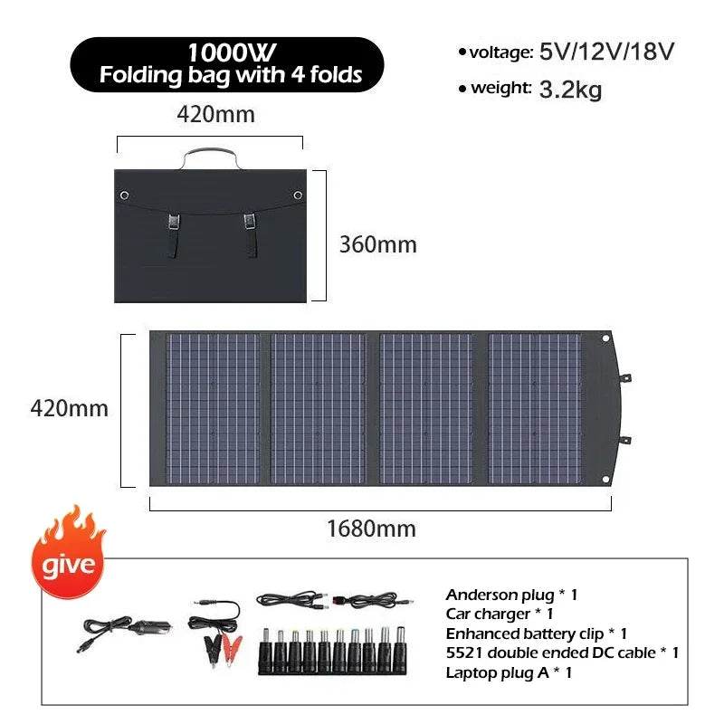 2000w 1500w 1000w 500w Flexible Foldable Solar Panel High Efficience Travel & Phone & Boat Portable 12V Solar Panel Kit