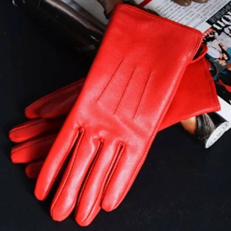 Women's Ladies 100% Real Leather Sheep skin Elegant Winter Warm Thick Lining White Pink Colorful Cute Outdoor Short Gloves