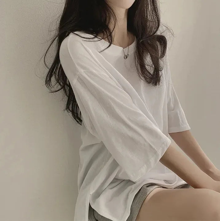 T-shirt for Women in Summer 2025 Slit Black Top Ins Pure Cotton Cotton Mother Simple Loose Long Short Sleeve High Elastic