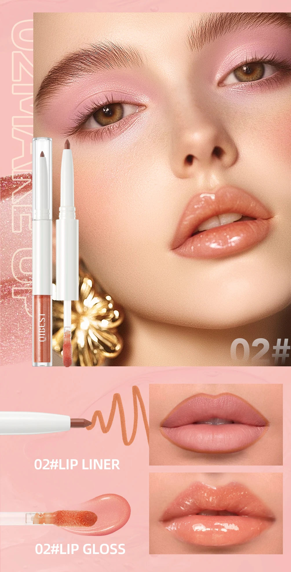 QIBEST Double Head Mirror Lip Glaze Lipliner Pen Water Light Lipgloss Makeup 2 in 1 Stick Matte Velvet Lip Liner Contour Pencil