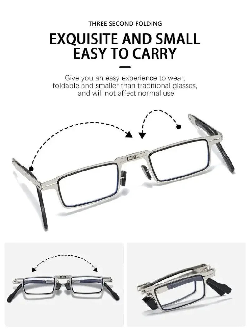 Portable Unisex Folding Reading Glasses Full Metal Frame Anti Blue Light Blocking for Men Women Presbyopia Eyeglasses with Case