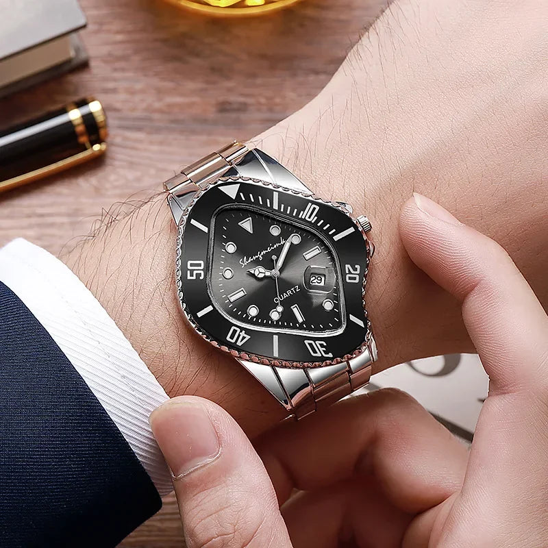 New Watch for Men Unusual Conceptual Crash Melting Twist Shaped Case Quartz Wristwatch Male Man Rhombic Green Clock Reloj Hombre
