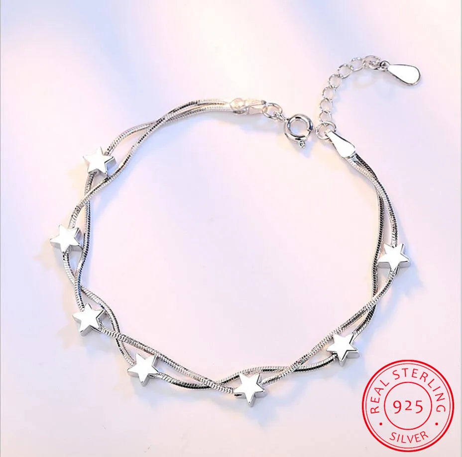925 Sterling Silver Star Bracelets & Bangles New Fashion Silver Double Layer Chain Bracelet For Women sterling-silver-jewelry