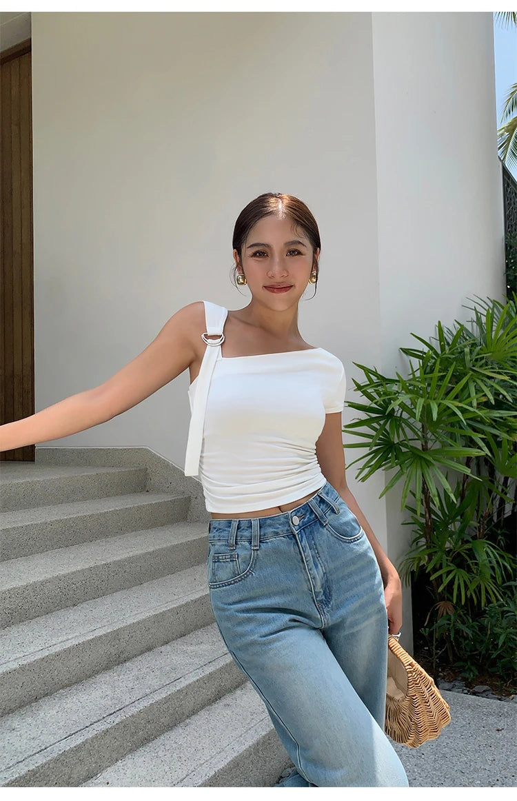 Women Tops Summer Sexy Off Shoulder Crop Tops Casual Female Sling T-shirt Short Sleeved Elastic Fashion White Tees Slash Neck