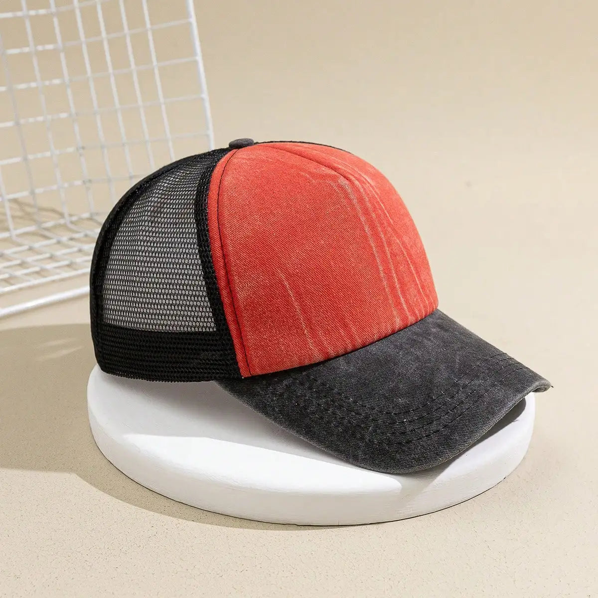Japanese-style Retro Patterned Board with Solid Color Patchwork, Sponge-covered Top, Semi-netted and Sheer Baseball Cap