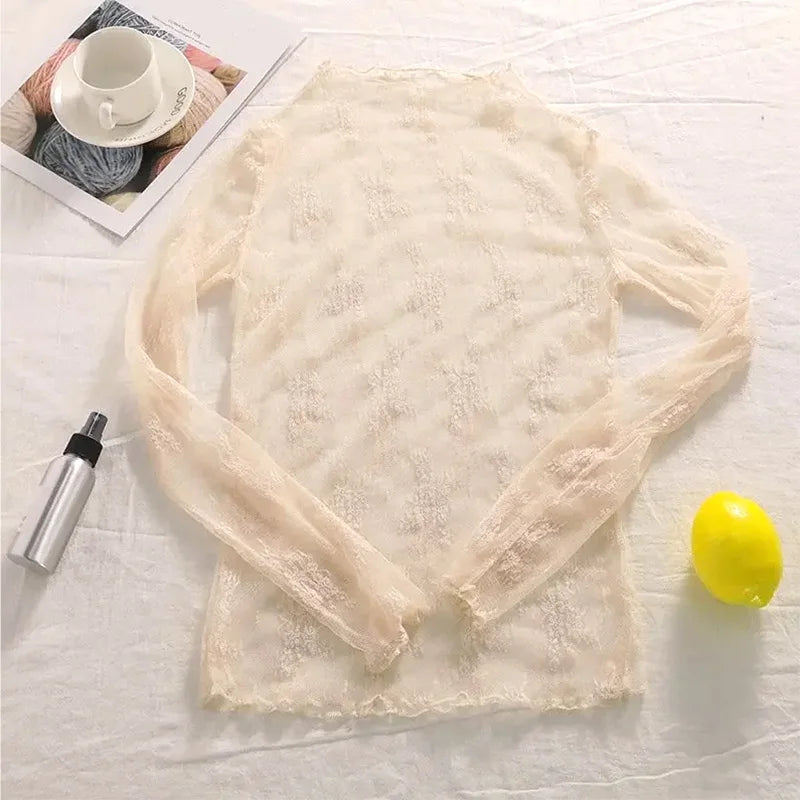 Summer Women Lace Floral Embroidery Blouses  Ladies Tops Sexy Mesh Blouses Transparent Elegant Long Sleeves See-through Shirt