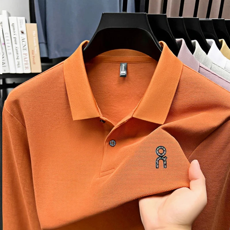 100% pure cotton polo shirt long sleeved men's brand fashionable embossed T-shirt sports breathable spring autumn casual new top