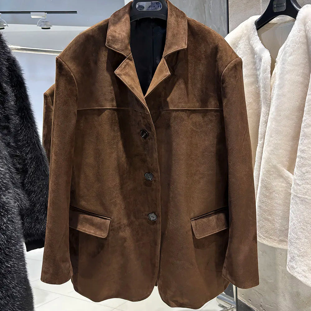 YOLOAgain Single Breasted Oversized Suede Blazer Women Real Leather Jacket Spring 2026